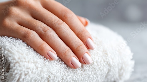 Womans Hand with a Perfect Nude Manicure on a White Towel.