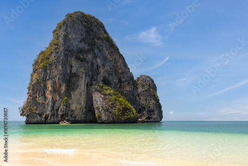 Beautiful beach, island, and sky at Railay Beach, a destination of tourist in Krabi province, southern of Thailand
