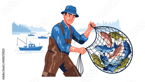 Fisherman's Bounty: An animated illustration shows a fisherman proudly holding a net filled with a bountiful catch of fish, with fishing boats in the background.