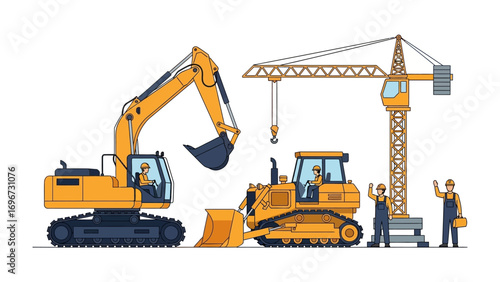 Construction Site with Heavy Machinery: Vibrant illustration of a construction site bustling with activity, featuring a crane, excavator, and bulldozer, symbolizing progress and development.