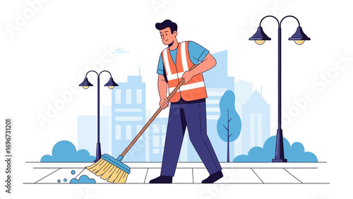 City's Unsung Hero: A municipal worker diligently sweeps the pavement, ensuring cleanliness and order in a bustling urban landscape. This illustration beautifully captures his dedication.