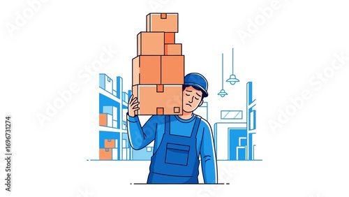Warehouse Labor: A warehouse worker carries a heavy load of cardboard boxes, showing the strain and dedication of labor.