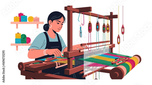 Artisan's Craft: A skilled artisan meticulously works on a loom, her hands expertly guiding the threads to create a vibrant tapestry, showcasing traditional craftmanship.