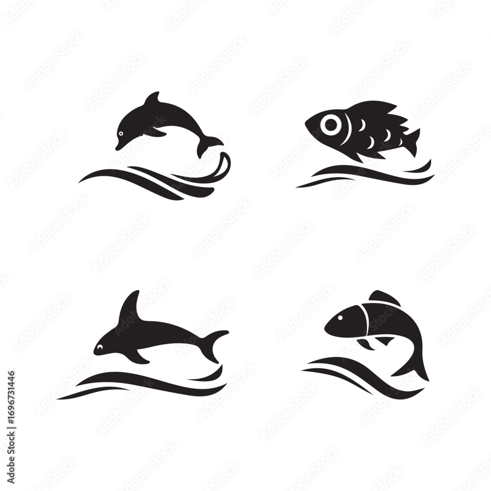 Fototapeta premium Fish swimming over waves, ocean wave with fish icon, fish Silhouette Swimming, collection of fish icon with waves, vector illustration