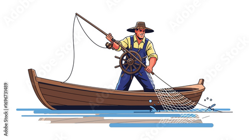 The fisherman in his boat: A strong and dedicated fisherman casting his fishing net in a boat on the water surface, reflecting the serenity of the sea and his solitary pursuit. 