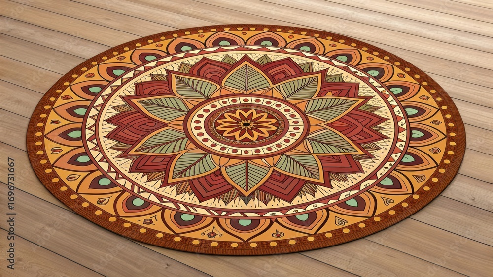 Obraz premium Intricate circular mandala pattern with warm earthy tones on a wooden floor surface