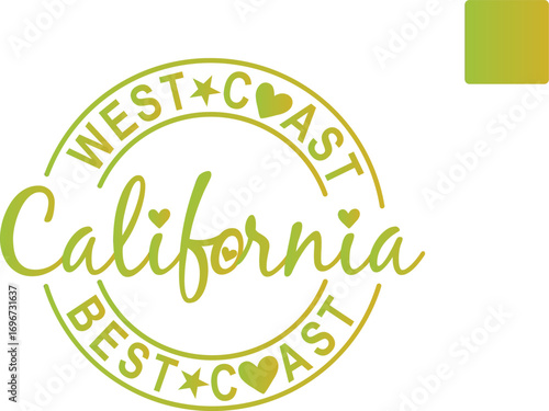 “west coast love” a playful stamp-style design with hearts, celebrating california pride and the charm of the west coast lifestyle.