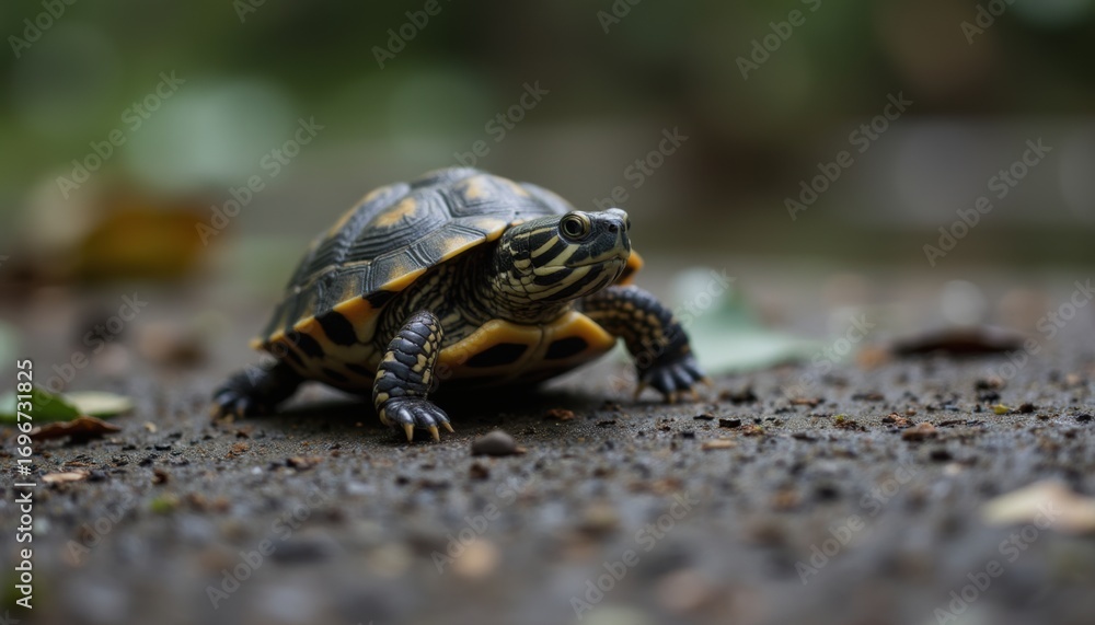 Obraz premium A Small Turtle Taking a Slow and Steady Journey Down a Forest Path