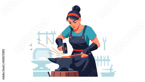 Forging with Precision: A skilled artisan, with focused determination, hammers a piece of metal on a sturdy anvil in a detailed illustration, crafting something unique.