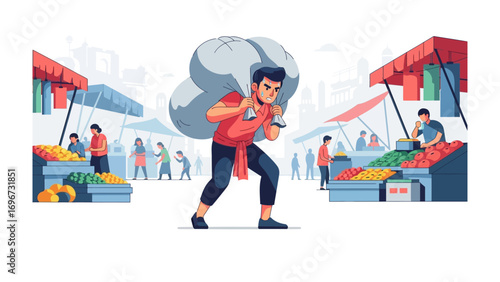 Burdens of the Market: A strong individual navigates a bustling marketplace, bearing a heavy sack over the shoulder, highlighting the physical demands amidst vibrant commerce.