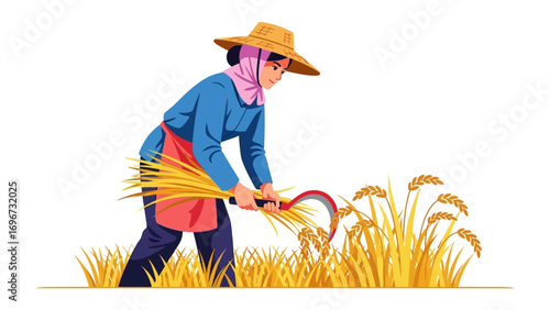 Farmer Harvesting Wheat: A dedicated farmer, adorned in a straw hat, diligently harvests golden wheat, embodying the heart of agricultural labor and the essence of rural life.