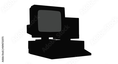 vintage computer setup with monitor keyboard and tower silhouette