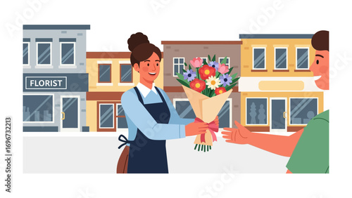 A Blooming Exchange: A florist delicately presents a vibrant bouquet to a customer, their interaction painting a picturesque scene amidst a row of charming shop fronts.