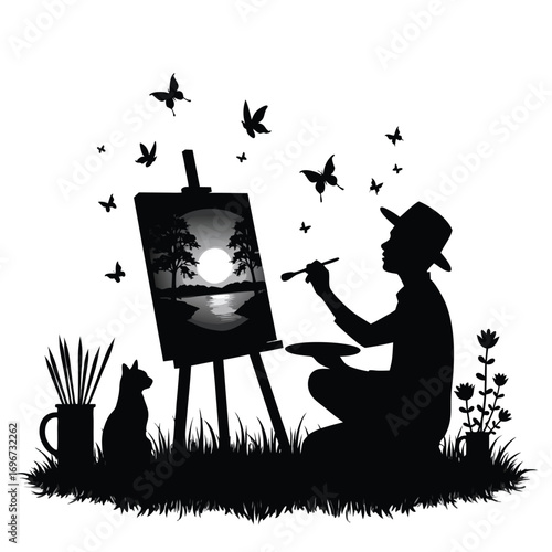 Silhouette artist painting landscape with butterflies and cat Keywords: silhouette, artist