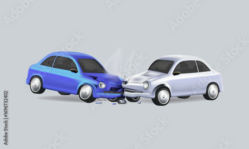 Cars crash accident on the street. Damaged automobiles. Car Insurance Concept. 3D render isolated vector illustration.
