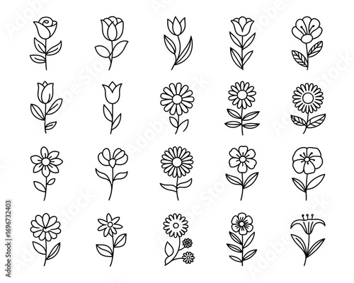 Minimalist line art flower icon set vector illustration scalable graphic design elements