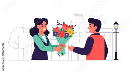 Floral Gesture: A joyful moment captured as a person presents a colorful bouquet of flowers to another person, their faces alight with happiness and the promise of a shared connection