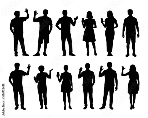 Diverse set of 12 black silhouette people poses vector illustration scalable graphics icons