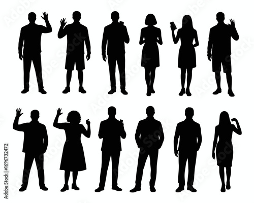 Set of 12 diverse people silhouettes vector illustration scalable icons for design projects