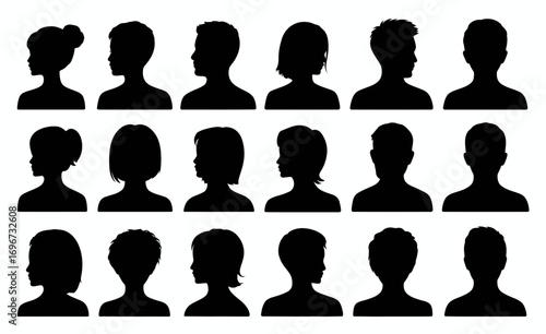 Diverse black silhouette head and shoulder profiles vector icons set scalable illustration