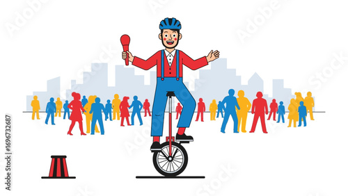 Juggling Performer on Unicycle: A skilled artist captivates a crowd, balancing on a unicycle while juggling objects, surrounded by a dynamic backdrop of a cityscape and diverse audience.