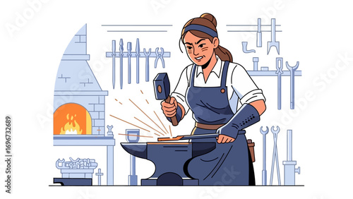 Blacksmith at Work: A skilled woman forges metal in a workshop. The scene is full of sparks and fire with tools, representing the tradition of craftsmanship.