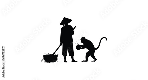 a farmer and monkey working together in field silhouette