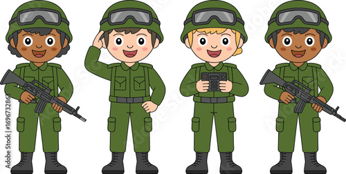 Cartoon kids in military uniform, holding weapons and gadgets, army-themed children characters, standing soldiers, diverse army group illustration