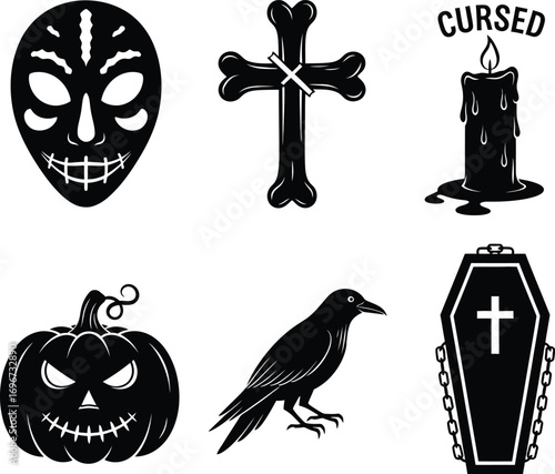 Halloween spooky silhouette set with scary mask, crossbones cross, cursed candle, jack o lantern pumpkin, raven and coffin illustration, creepy horror vector clipart for dark design projects.