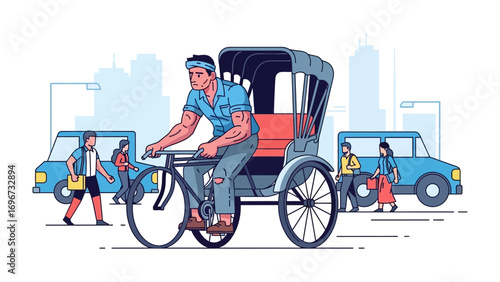 Pedicab Journey: A dynamic illustration captures the hustle of urban transit as a pedicab driver navigates city streets, transporting passengers amidst a vibrant cityscape.