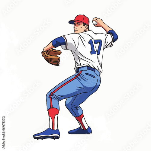 Vector Illustration of Baseball Player in Dynamic Pose with Retro Style Blue Red Uniform