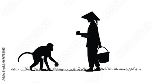a farmer and monkey working together in field silhouette
