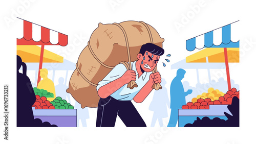 Burden in Marketplace: A hardworking individual shoulders a hefty sack in a bustling marketplace. Showcasing labor, hardship, and the everyday struggles of life.