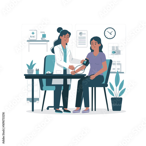 "Doctor Checking Blood Pressure Vector – Patient Consultation, Healthcare and Medical Illustration"