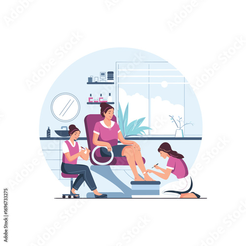"Nail Spa and Pedicure Vector – Woman Getting Manicure and Pedicure Treatment in Beauty Salon"