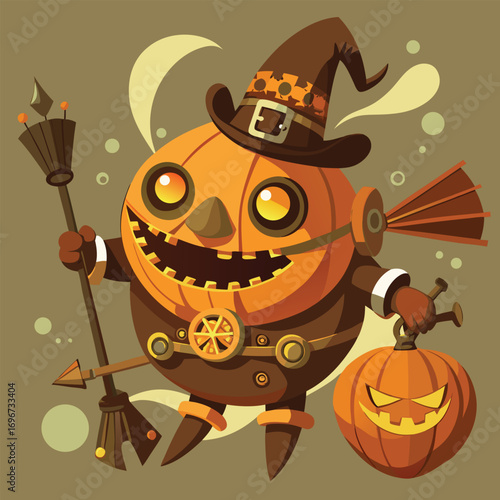 Scary pumpkin scarecrow with lantern and autumn leaves vector illustration for Halloween vector