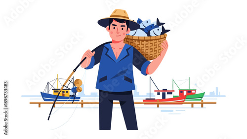 Fisherman’s Catch: A fisherman wearing a straw hat stands proudly with a wicker basket brimming with fresh fish, a fishing rod slung over his shoulder, against a picturesque coastal scene.