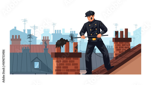 Chimney Sweep at Work: A detailed illustration of a chimney sweep skillfully cleaning a brick chimney on a rooftop. The image captures the essence of manual labor and traditional craftmanship.
