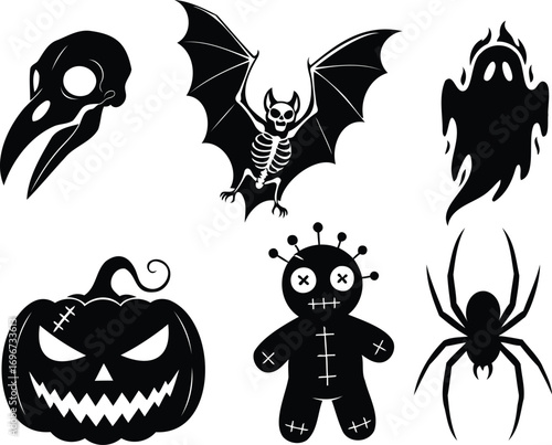 Halloween spooky silhouette set with pumpkin, ghost, bat skeleton, creepy plague mask skull, voodoo doll, and spider illustration, scary horror vector clipart for design and decoration.