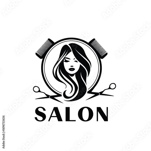 "Hair Salon Logo Vector – Woman Face, Hair Rollers and Scissors Emblem Design"