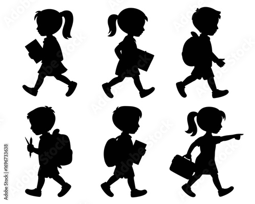 Set of six black silhouette illustrations of children walking with books and backpacks vector scalable eps icon