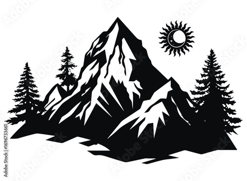 Mountain Landscape with Sun and Pines. Vector illustration of mountain with pine trees and shining sun symbolizing wilderness, strength, freedom, nature spirit and outdoor adventure lifestyle