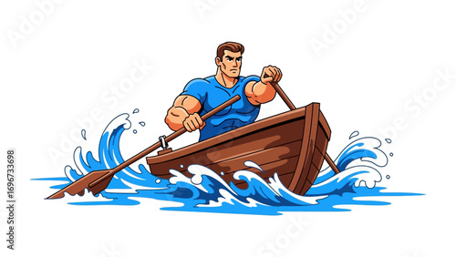 Man Rowing a Boat Through Choppy Waters: A muscular man navigates a small wooden boat through the turbulent sea.