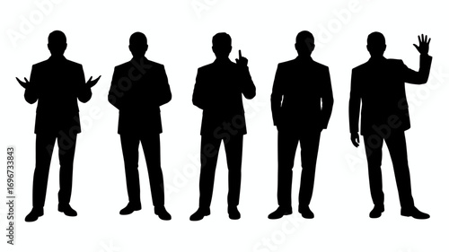 Set of five black silhouette businessmen poses vector illustration scalable icon eps