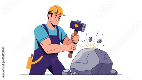 Stone Artisan at Work: A strong artisan in work clothes and a hard hat uses a hammer to carefully break a large stone. Depicting hard work, skill, and attention to detail.