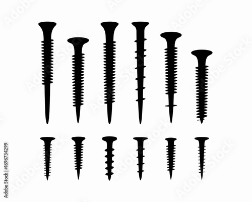Black and white illustration of ten various screws vector scalable icon for construction and diy