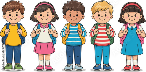 Cartoon school children standing, backpacks on, smiling kids, colorful outfits, ready for class, isolated vector illustration, back to school