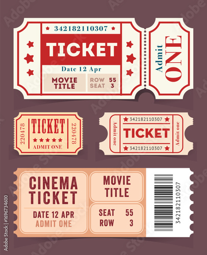 Vintage Cinema Tickets. Set of retro cinema tickets in various shapes and styles with admit one labels design representing entertainment, movies, events and nostalgic theater culture