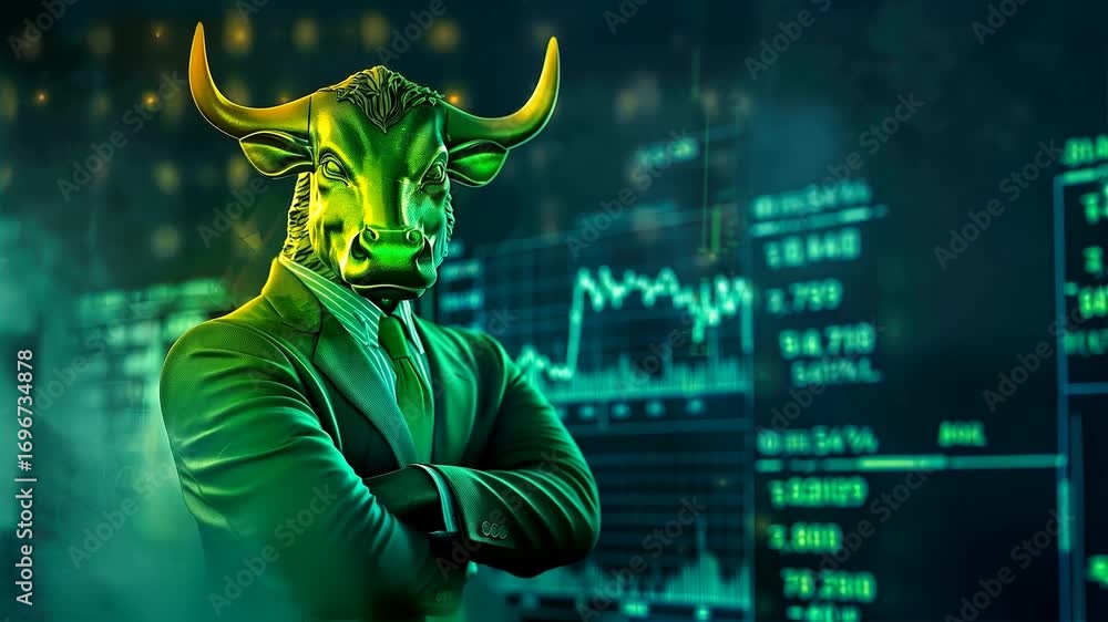 Toro fuerte en traje con gráfico del mercado de valores y luz de neón verde detrás