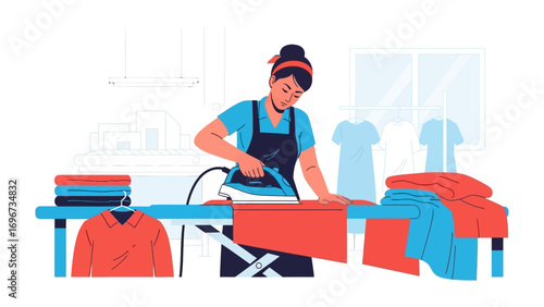 Domestic Routine: A woman diligently irons clothes on an ironing board in a clean, well-lit room, showcasing a sense of order and routine.